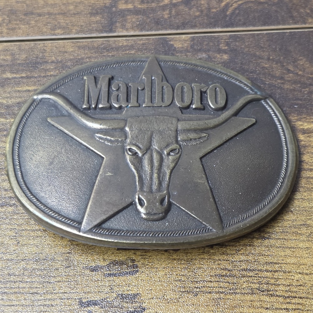 Vintage 1987 MARLBORO Belt Buckle Solid Brass PHILIP MORRIS Longhorn STEER Star